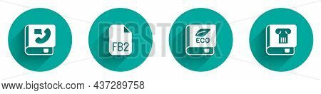 Set Phone Book, Fb2 File, Book About Ecology And History Icon With Long Shadow. Vector