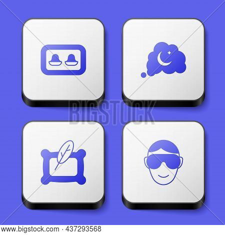 Set Earplugs With Storage Box, Dreams, Pillow And Eye Sleep Mask Icon. White Square Button. Vector