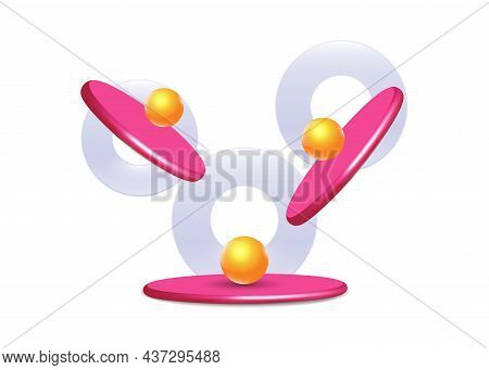 Realistic Scene With Group Of Flying Objects And Round Podium. Falling 3d Objects. Levitating Compos