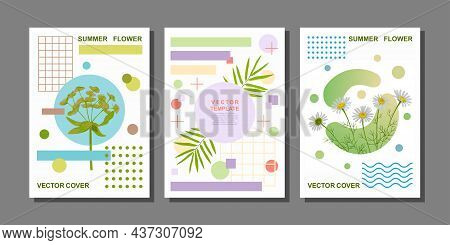 Summer Art Posters Set With Flowers And Grometric Objects