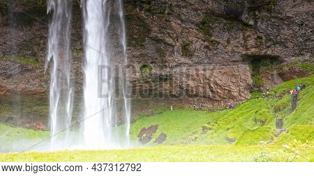 Seljalandfoss, Iceland - July 29, 2021: Seljalandsfoss Is One Of The Best Known Waterfalls In Icelan