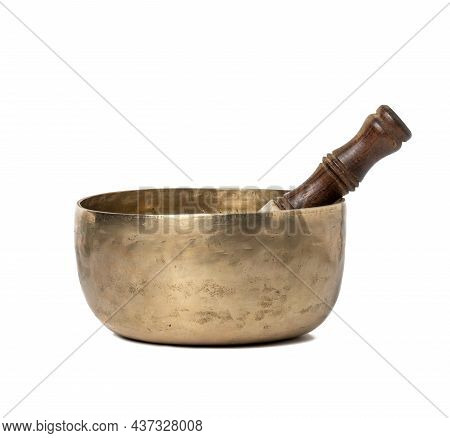 Copper Singing Bowl And Wooden Mallet Isolated On White Background. Musical Instrument For Meditatio