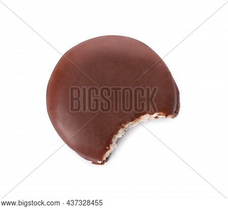 Delicious Choco Pie With Bite Mark Isolated On White, Top View