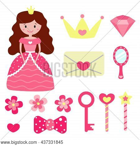 Set Of Cute Cartoon Princess In Beautiful Pink Dress And Her Accessories. Magic Wand, Key, Love Lett