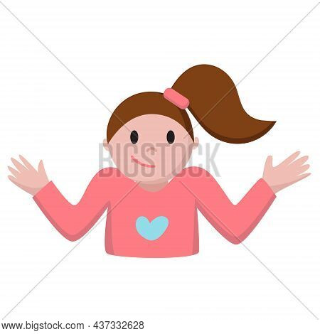 Funny Cartoon Lady With Ponytail Shows I Dont Know Emoji. Girl With Raising Shoulders And Hands. Pri
