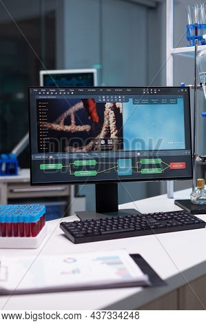 Empty Science Laboratory With Professional Tools For Research And Medical Industry. Nobody In Scient
