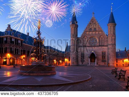 Riderzaal Of Binnenhof Facade - Dutch Parliamentat Cortyard At Night With Fireworks, The Hague, Holl