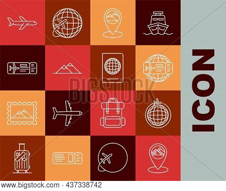 Set Line Map Pointer With Egypt Pyramids, Globe Flying Plane, Airline Ticket, Mountain, Mountains, P
