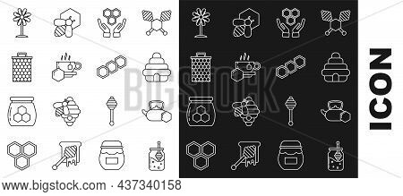 Set Line Jar Of Honey And Honey Dipper Stick, Tea Kettle With, Hive For Bees, Honeycomb Hands, Cup T