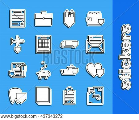 Set Line Ordered Envelope, Heart With Shield, Mail And E-mail, Family Insurance, Report File Documen