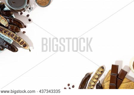 Organic Carob Pods, Powder And Carob Molasses On A Beige Background, Locust Bean Healthy Food, Cerat