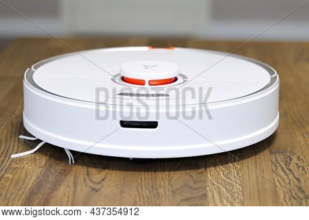 Tallinn, Estonia - October 10, 2021: Xiomi S7 Roborock Vacuum Cleaner Performs Automatic Cleaning Of