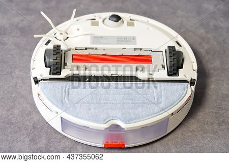 Tallinn, Estonia - October 10, 2021: Xiomi S7 Roborock Vacuum Cleaner Technical Details. View From B