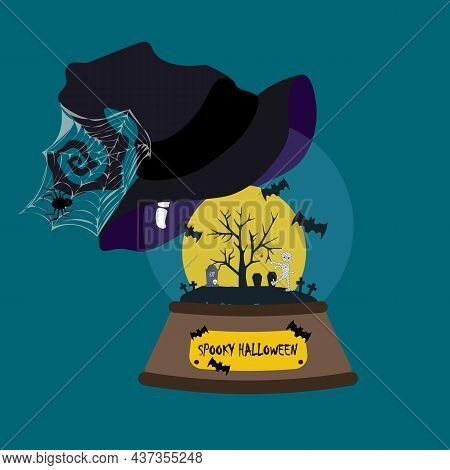 Halloween Illustration In Snowglobe With Witch Hat
