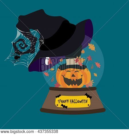 Halloween Pumpkin In Snowglobe With Witch Hat