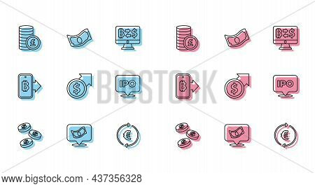 Set Line Coin Money With Dollar, Stacks Paper Cash, Pound, Euro Symbol, Financial Growth And, Ipo, M