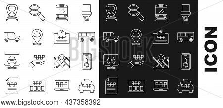Set Line Taxi Car, City Map Navigation, Bus, Train, Location With Taxi, Car, High-speed Train And Dr