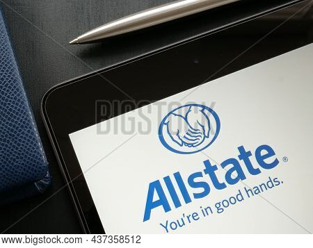 Kyiv, Ukraine - October 21, 2021. Logo Of Allstate Insurance Company And Pen.