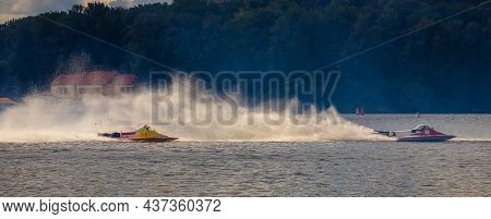 Sport. Motor Boat Races. Speed, Water Sports. Competition On The Water On A Sunny Day