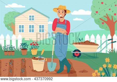 Garden Work. Gardener Man Works On Vegetable Beds, Planting Plants And Flowers, Male Farmer Characte