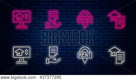 Set Line House Contract, Location Key, Online Real Estate And . Glowing Neon Icon On Brick Wall. Vec