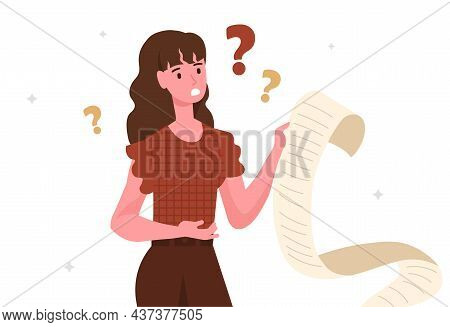 Shocked Woman Concept. Girl Looks At Check And Surprised. Character Worries About Money Spent, Shopp