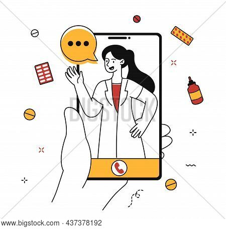 Online Doctor Concept. Professional Makes Diagnosis From Smartphone. Remote Treatment. Woman Prescri