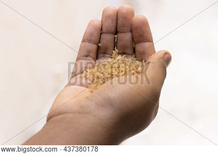 Closeup Image Of Lady Holding Kerala Matta Rice In Hand. Selective Focus