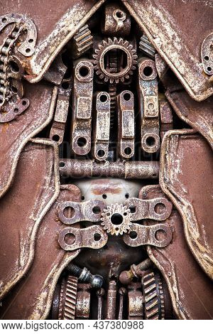 Steampunk Texture, Background, Abstract Stylized Collage Of A Mechanical Device With Plates, Rust An