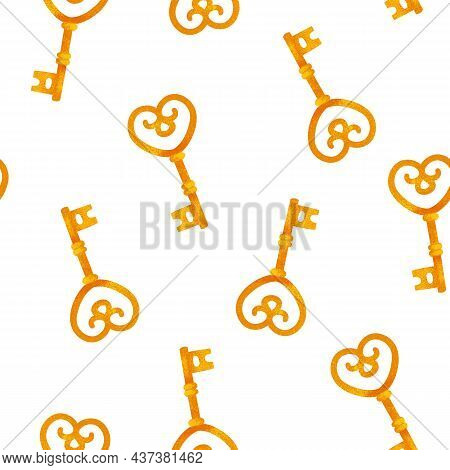 Lovely Golden Keys. Seamless Cartoon Cute Pattern On White Background