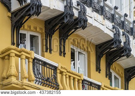 Modernist Building Detail In The Galician City Of A Coruna, In Spain.