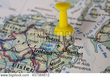 Belfast, Northern Ireland Pinned On Colorful Political Map. Geopolitical School Atlas.