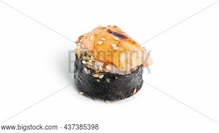 Baked Sushi Rolls With Seefood Isolated On White Background. Hosomaki.