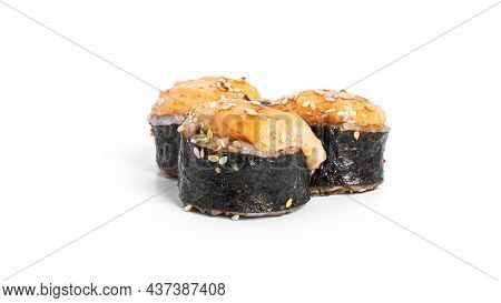 Baked Sushi Rolls With Seefood Isolated On White Background. Hosomaki.