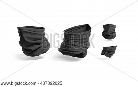 Blank Black Neck Gaiter Mock Up, No Gravity, Different Views, 3d Rendering. Empty Fleece Face Mask O