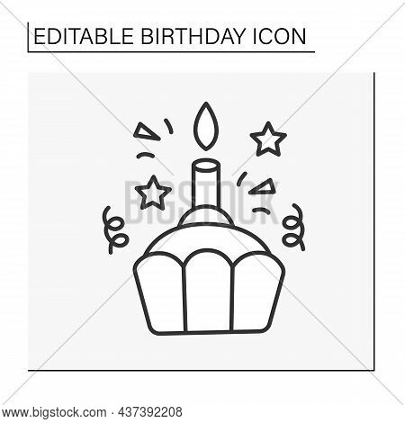 Cake Line Icon. Tasty Small Birthday Sweet Cake With One Candle.party. Make A Wish. Birthday Concept