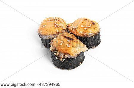 Baked Sushi Rolls With Seefood Isolated On White Background. Hosomaki.