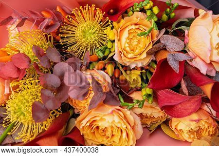Red Pink Orange Autumn Colorful Fall Bouquet. Beautiful Flower Composition With Autumn Orange And Re