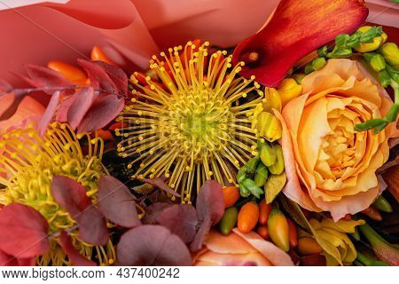 Red Pink Orange Autumn Colorful Fall Bouquet. Beautiful Flower Composition With Autumn Orange And Re