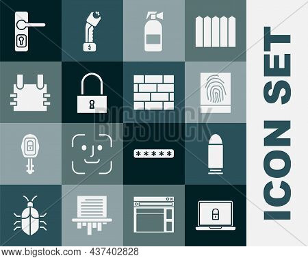Set Laptop And Lock, Bullet, Fingerprint, Fire Extinguisher, Lock, Bulletproof Vest, Door Handle And