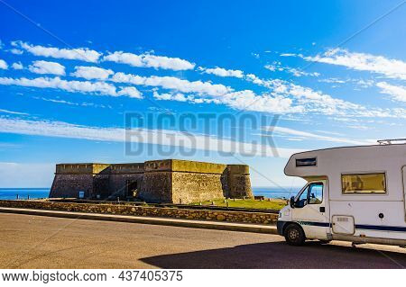 Caravan On Coastal Fortification, Castle Near The Town Of Los Banos De Guardias Viejas, Almeria Prov