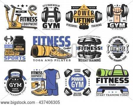 Sport Equipment And Fitness Tool Vector Icons Of Gym And Health Club Design. Isolated Dumbbell, Kett