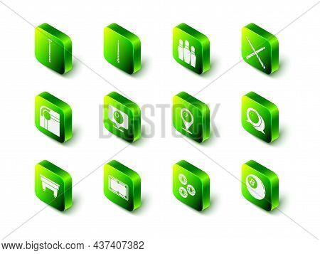 Set Billiard Cue, Bowling Pin, Crossed Billiard Cues, Ball, Location With, And Table Icon. Vector