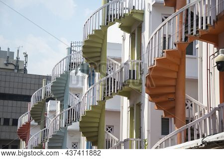 Singapore- 24 Oct, 2021: Close Up Of Colorful Pastel Spiral Staircases In Singapore. It Is A Popular