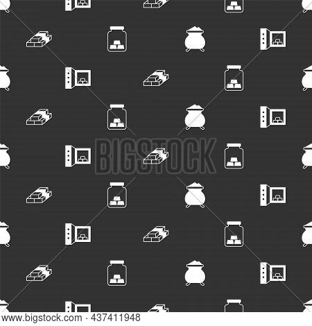 Set Molten Gold Being Poured, Safe With Bars, Stacks Paper Money Cash And Gold On Seamless Pattern. 