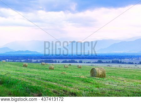 Hay Rolls In The Steppe Among The Blue Mountains In The Fog, Cloudy Sunset Sky. Siberia, Russia