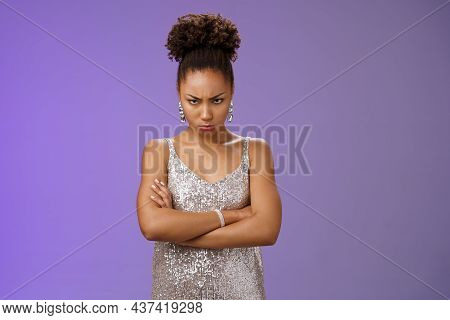 Sulking Immature African-american Woman Sulking Offended Look From Under Forehead Pouting Cross Arms