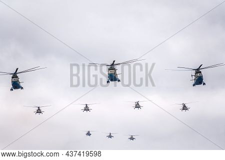 Moscow, Russia - May, 09, 2021: A Group Of Mi-26 Transport Helicopters, Mi-8 Helicopters And Three M