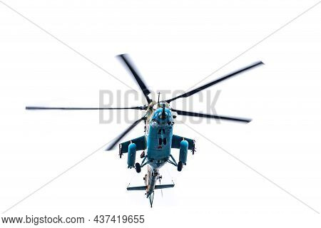 Moscow, Russia - May, 09, 2021: Mi-35m Attack Helicopters In The Sky Over Moscow During The Parade D