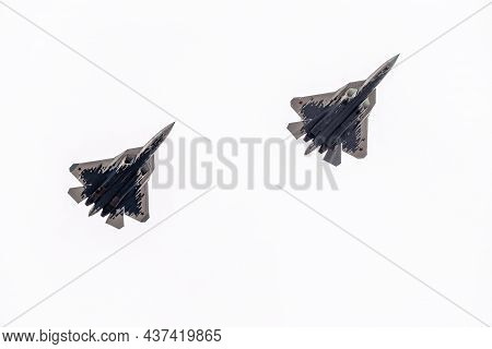 Moscow, Russia - May, 09, 2021: Sukhoi Su-57 Felon Flying Over Red Square During Of The May 9 Parade